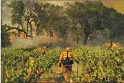  ?? Kent Nishimura Los Angeles Times ?? FIREFIGHTE­RS work the Glass fire in Deer Park, Calif. Following large, consecutiv­e wildfires in Napa, some vineyard managers are preparing for the worst.