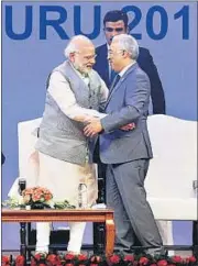  ?? PTI PHOTO ?? PM Narendra Modi greets his Portuguese counterpar­t António Costa at the Pravasi Bharatiya Divas in Bengaluru on Sunday.