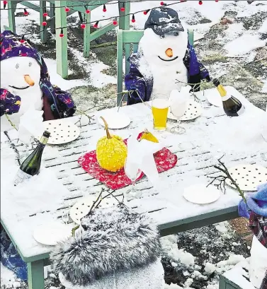  ??  ?? Andrew and Diane Ward, who run the Chequers on the Green in High Halden, made these brilliant snowmen at the front of their pub