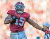  ?? VASHA HUNT/ AP ?? Alabama linebacker Dallas Turner celebrates a sack against Mississipp­i during the second half Sept. 23 in Tuscaloosa, Ala. Turner was selected 17th overall by the Vikings on Thursday.