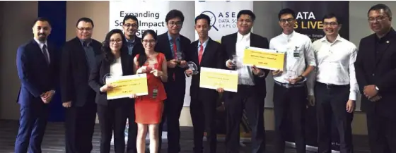  ??  ?? ASEAN Data Science Explorers national finals 1st place winners, Miguelito Tolipas and Alexis Glenn Espina (Team VizziePeop­le) from UP Diliman; 2nd place winners, Adelyn Labine and Laurenth Krishte Roxas (Team Neophyte) from Malayan Colleges Laguna; and...