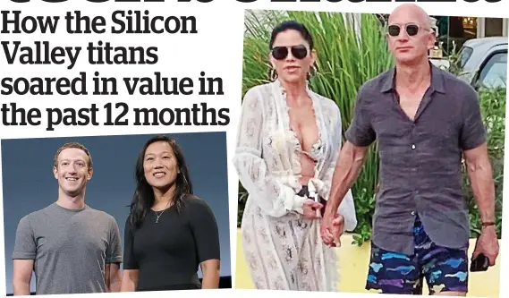  ??  ?? Power couples: Zuckerberg with his wife Priscilla Chan ( left) and Bezos with Lauren Sanchez