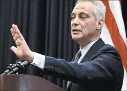  ?? ANTONIO PEREZ/CHICAGO TRIBUNE ?? Mayor Rahm Emanuel speaks to the media after delivering a speech on pension funding to the City Council. Martire said.The mayor also proposed that any tax money the city gets from the legalizati­on of recreation­al marijuana be dedicated entirely to pensions along with any taxes generated by a long-sought Chicago casino.Following Emanuel’s speech, Laurence Msall, president of the Civic Federation, commended him for tackling the huge pension problem head-on, but questioned the wisdom of counting on money from legal weed and a casino. “Gambling is not a reliable source, marijuana is not a reliable source, but it really makes the point that all available revenue is going to be needed to fix the pensions if you don’t take real action on it,” he said.