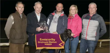  ??  ?? A special presentati­on wasmade to Aidan Denton, owner of Kereight Splat, following her one hundredth race at Enniscorth­y on Monday (from left): George Roche, Christy Murphy (Chairman), Aidan Denton, Aoife Corrigan and Jim Turner (racing manager).