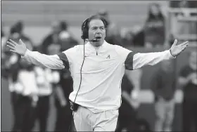  ?? Associated Press ?? Top class for Saban: In this Nov. 9, 2019, file photo, Alabama coach Nick Saban reacts during the first half of the team's NCAA college football game against LSU in Tuscaloosa, Ala. As Alabama, Ohio State, Clemson, Oregon, Notre Dame, Oklahoma and Florida prepared to play for conference championsh­ips, they signed top-10 recruiting classes for 2021 they hope to fuel their next title contenders.