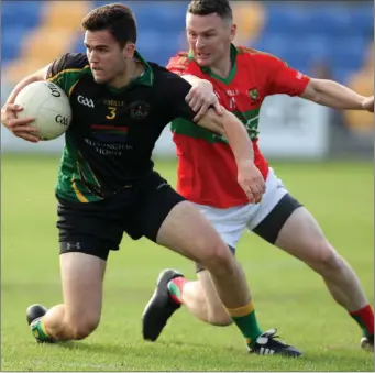  ??  ?? Hollywood’s Harry Wilson wins possession against Rathnew’s Leighton Glynn during the Renault Senior Football championsh­ip clash between the sides in Joule Park Aughrim. Photo: Joe Byrne