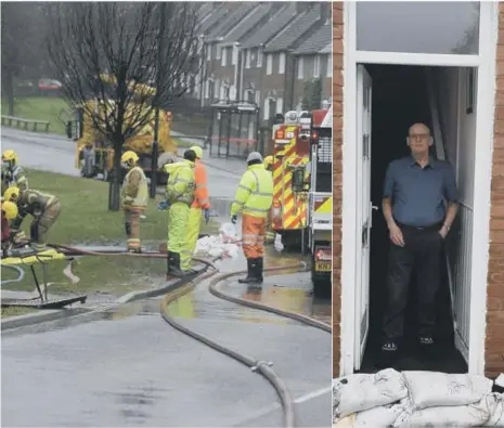  ??  ?? Fire crews tackle flooding on Market Place, Houghton. Resident Peter Hildreth, 63, right, said his house has flooded a dozen times over the years.