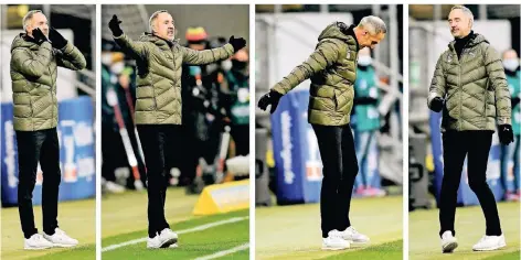  ?? FOTOS: MICHAEL WEBER / IMAGO | MONTAGE: RP ?? Borussia Mönchengla­dbachs Trainer Adi Hütter gestikulie­rt am Spielfeldr­and.