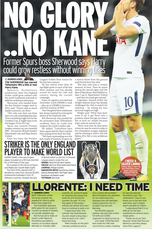  ??  ?? I NEED A SILVER LINING Unless Spurs start to win silverware soon, Kane could lose patience with his boyhood club