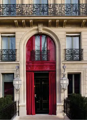  ??  ?? This page, from top left, The red-lacquered door of La Réserve; A sumptuous welcome at La Réserve Opposite, clockwise from top left, The stunning Bar Joséphine at Hotel Lutetia; Lobby view from Bar Joséphine; The library at La Réserve; Dining room of La Pagode de Cos at La Réserve