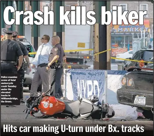  ??  ?? Police examine scene of fatal motorcycle crash Tuesday under the elevated tracks in Williamsbr­idge, the Bronx.