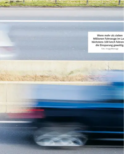  ?? Foto: Imago/Montage ?? Wenn mehr als sieben Millionen Fahrzeuge im Land höchstens 100 km/h fahren, ist die Einsparung gewaltig.