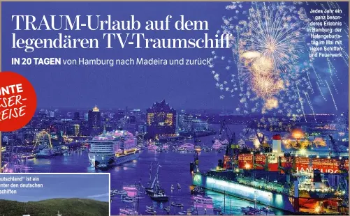  ??  ?? Jedes Jahr ein ganz besonderes Erlebnis in Hamburg: der Hafengebur­tstag im Mai mit vielen Schiffen und Feuerwerk
