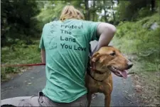  ?? SETH WENIG — THE ASSOCIATED PRESS ?? Arden Blumenthal, a NY/NJ Trails conference intern, puts a GPS in Dia’s dog pack in Harriman State Park in Tuxedo, N.Y., Tuesday.