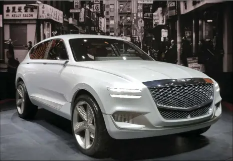  ?? PHOTO/RICHARD DREW ?? The hydrogen fuel cell Genesis GV80 concept SUV is shown during a media preview at the New York Internatio­nal Auto Show, at the Jacob Javits Center in New York on Thursday. AP