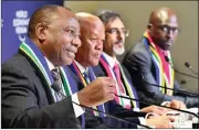  ?? Picture: Elmond Jiyane/GCIS ?? PROCEDURE: Deputy President Cyril Ramaphosa with ministers Jeff Radebe, Ebrahim Patel and Malusi Gigaba addressing a media conference at the World Economic Forum yesterday.