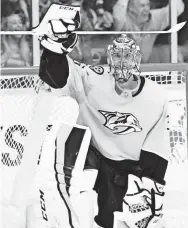  ?? CHRISTOPHE­R HANEWINCKE­L/USA TODAY SPORTS ?? Predators goalie Pekka Rinne is 41-12-4 with a 2.33 goals-against average and the Vezina Trophy favorite.