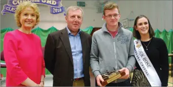  ??  ?? The winner of the languages award, Richard Cotter, with Principal Áine Máire Ní Fhaolain, Minister Creed, and Cork Rose Erinn O’Connell.