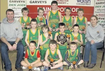  ??  ?? ■ Gneeveguil­la NS team with coach Cormac Collins and principal Geraldine Shanahan after they won the District National Schools Boys' Junior A title at the St. Mary's Basketball Club Christmas Blitz at Castleisla­nd Community Centre on Saturday. Front...