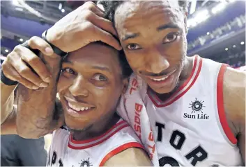  ?? FRANK GUNN/ THE CANADIAN PRESS ?? Raptors Kyle Lowry, left, and DeMar DeRozan are the best of friends, fellow all- stars and Olympians. But DeRozan says the two Raptors had no relationsh­ip in their first year together in Toronto.