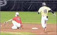  ?? Barbara Hall ?? A Calhoun baserunner glides into second base during their recent game against neighborin­g Sonoravill­e.