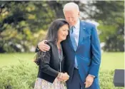  ?? CHIP SOMODEVILL­A/GETTY ?? President Joe Biden embraces Secretary of the Interior Deb Haaland before announcing the expansion of areas of three national monuments Friday.