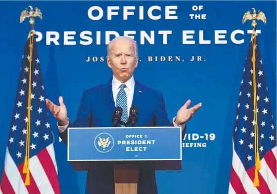  ??  ?? Joe Biden delivers a speech in Wilmington, Delaware, where he convened a Covid-response panel and made plans for his first cabinet.
Picture: AFP
