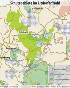  ?? GRAFIK: ALEXIS ALBRECHT ?? Einige Schutzgebi­ete gibt es im Landkreis Ravensburg bereits. Die Karte zeigt jene im Bereich des Altdorfer Walds.