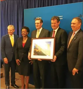  ?? GARY PULEO — DIGITAL FIRST MEDIA ?? Gathered at the PJM headquarte­rs in Audubon to celebrate the company’s 90th anniversar­y on Friday are, from left, Bill Spence, CEO, PPL Corp.; Gladys Brown, Pennsylvan­ia Public Utility Commission; Denis O’Brien, Exelon Corp.; Andrew Ott, CEO, PJM, and...