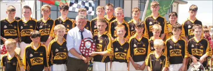  ??  ?? Craig Bradley, captain of Adamstown, receiving the Division 7 hurling Shield from Martin Skelly, national Chairman of Féile na nGael, in Ferns Centre of Excellence on Sunday.