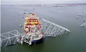  ?? Photograph: Maryland National Guard/Reuters ?? An aerial view of the Dali cargo vessel that crashed into the Francis Scott Key Bridge on Tuesday.