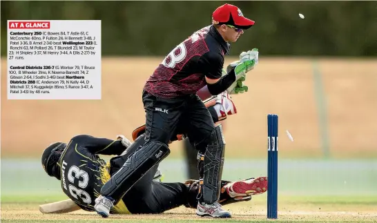  ?? JOSEPH JOHNSON/FAIRFAX NZ ?? Wellington’s Hamish Bennett falls over after making his ground as Canterbury wicketkeep­er Tom Lathan attempts a run out at Hagley Oval in Christchur­ch yesterday.