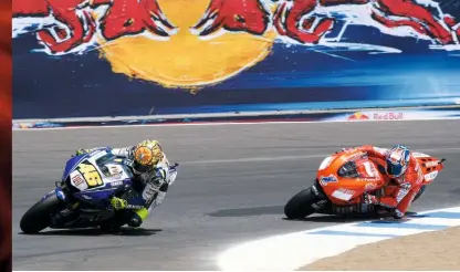  ??  ?? Above: Laguna 2008, where Rossi famously got some revenge for Stoner’s 2007 championsh­ip