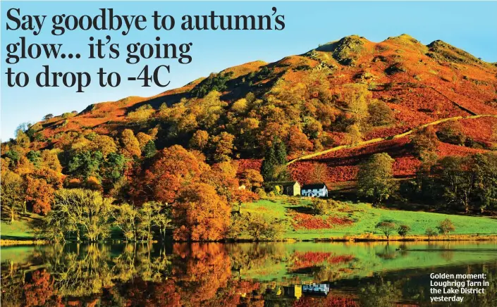  ??  ?? Golden moment: Loughrigg Tarn in the Lake District yesterday