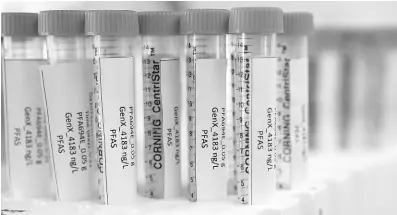  ?? AP PHOTOS ?? Vials containing PFAS samples sit in a tray,Wednesday, April 10, 2024, at a US Environmen­tal Protection Agency lab in Cincinnati.