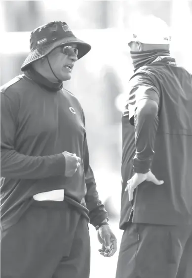  ?? AP ?? Coach Matt Nagy (right) must lean on offensive line coach Juan Castillo (left) to help improve the team’s running game.