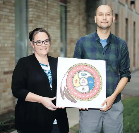  ?? TROY FLEECE ?? Jeannine Whitehouse, left, First Nations, Metis and Inuit co-ordinator for the Regina Catholic School Division, and Robbie Desjarlais, FNMI Indigenous advocate at O’Neill High School, stand outside the Regina Catholic School board office.