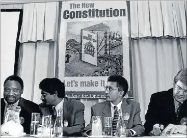  ?? Picture: TIMES MEDIA ?? From left, Cyril Ramaphosa, Jay Naidoo, Valli Moosa and Leon Wessels at the launch of Constituti­on week at the Sunnyside Park Hotel in Pretoria in March 1997.