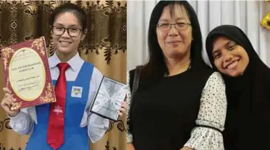  ??  ?? Fatin Nur Syahzanani Zakaria (right) with her teacher, Wong Lieat Hong. Esther Law Cong Jie posing with her academic awards.