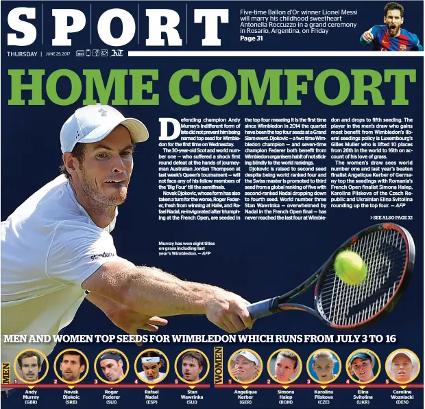  ?? AFP ?? Murray has won eight titles on grass including last year’s Wimbledon. —