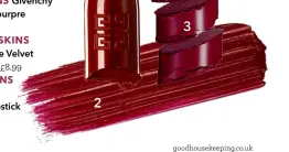  ??  ?? Givenchy Le Rouge in Pourpre Edgy, £28 2. MEDIUM SKINS Bourjois Rouge Velvet Lipstick in Fig, £8.99 3. DARK SKINS bareminera­ls Luxe-shine Lipstick in NSFW, £18 2