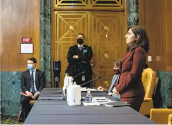  ?? ANNA MONEYMAKER NYT VIA AP FILE ?? Neera Tanden, President Joe Biden’s nominee for director of the Office of Management and Budget, appears for her confirmati­on hearing before a Senate committee on Feb. 10. Her confirmati­on prospects are dimming.