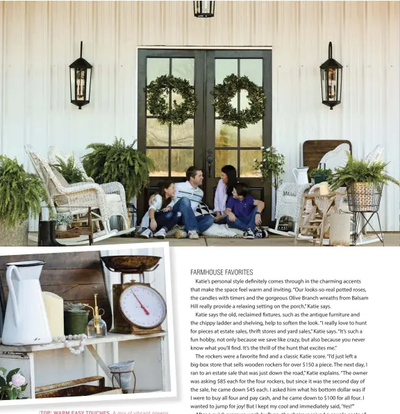  ??  ?? |TOP| WARM EASY TOUCHES. A mix of vibrant greens and vintage textures gives the porch a fresh, collected feel. The lantern sports a battery-powered candle with a timer—both from Balsam Hill—making it easy and fuss-free to entertain on the porch.