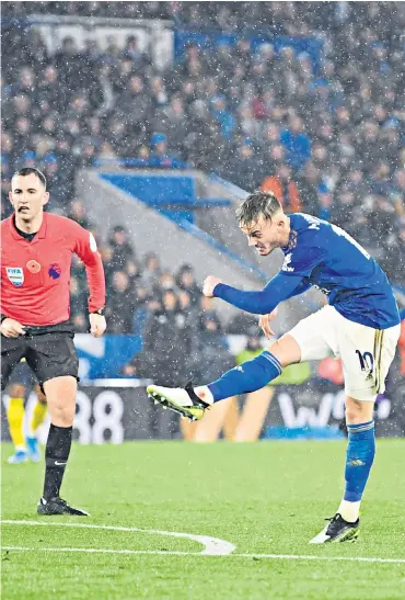  ??  ?? Flying Foxes: Jamie Vardy gives Leicester the lead (left) and celebrates (right) before James Maddison strikes home the second goal (above).