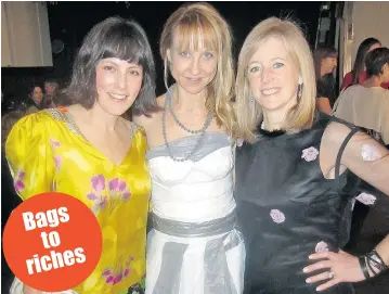  ??  ?? Arts patrons Kim Spencer-Nairn, left, and Lesley Stowe, right, sported dresses by designer Dries Van Noten, while dancer Sandra Botnen donned a dress of recycled plastic bags. Botnen auctioned off her creation, fetching several hundred dollars for...