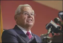  ?? ASSOCIATED PRESS ?? Sen. Bob Menendez speaks during a press conference Monday in Union City, N.J. Menendez defiantly pushed back against federal corruption charges, saying cash authoritie­s found in his home was from his savings account and wasn’t bribe proceeds.