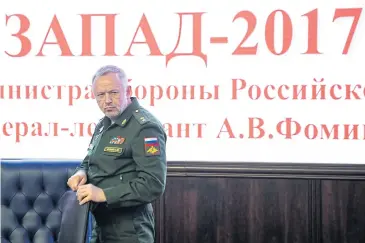  ??  ?? Russian deputy Defence Minister Alexander Fomin attends a briefing prior to the Zapad-2017 military exercises in Moscow on Tuesday.