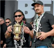  ??  ?? From left, Richie McCaw and Ma’a Nonu were long-time All Blacks team-mates; Nonu and then-coach Mark Hammett had a well documented falling out at the Hurricanes; Nonu and Jerome Kaino hold the Webb Ellis Cup after the World Cup triumph in 2015.