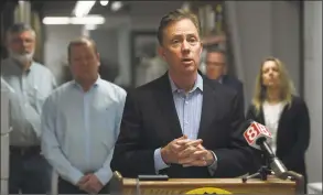  ?? Brian A. Pounds / Hearst Connecticu­t Media ?? Gov. Ned Lamont addresses the media at medical equipment manufactur­er Bio-Med Devices in Guilford on March 29.