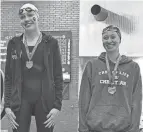  ?? PURPURA/COLUMBUS DISPATCH DAVE ?? Grandview Heights' Carrie Furbee, left, won her second consecutiv­e Division II state title in the 50 free on Friday.